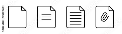 Document icons set. Paper file sign. Archive vector symbol. Documents. Black linear icon collection. Paper clip, pin. For apps, website, business, ui / ux design, infographic, etc.