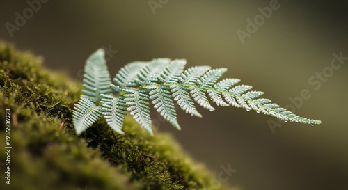 Close-up of a delicate fern leaf resting on moss in a natural setting.