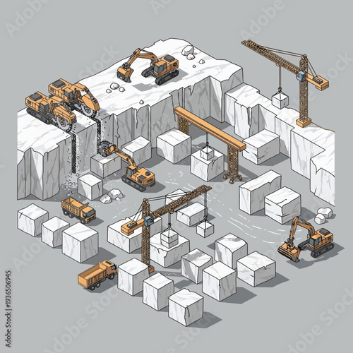 Isometric illustration of a quarry with heavy machinery and marble blocks.