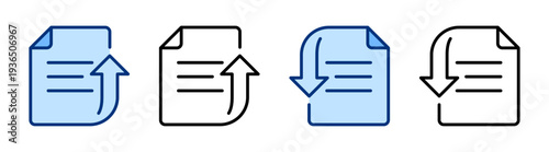 Document icons set. Paper file sign. Archive vector symbol. Documents. Up arrow, down. Blue black solid / linear icon. Arrows icon. For apps, website, business, ui / ux design, infographic, etc.