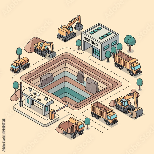 Isometric illustration of construction site with excavators and dump trucks.