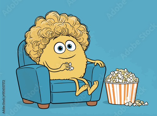 A cartoon character with curly yellow hair sits on a blue couch. It eats popcorn from a nearby striped bucket.
