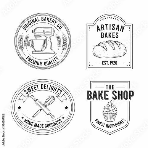 Classic Bakery Branding Logos with Wheat, Rolling Pin, Chef Hat, and Premium Pastry Shop Badge Designs
