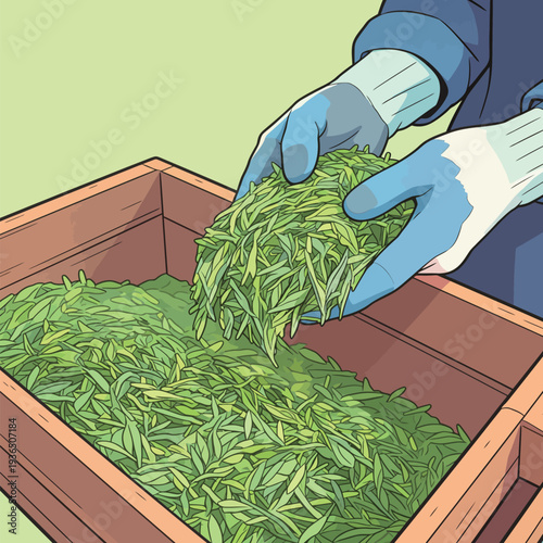 A person is gathering fresh tea leaves and putting them into a wooden box. The activity takes place during the tea harvest season.