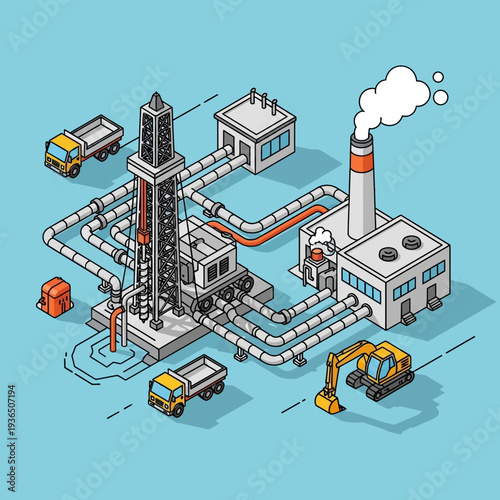 Isometric illustration of an industrial oil refinery complex with various machinery and vehicles.