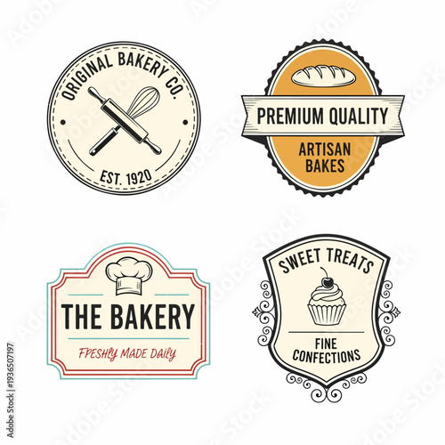 Retro Pastry Shop Emblem Set with Artisan Bread Badges and Elegant Sweet Dessert Packaging Labels