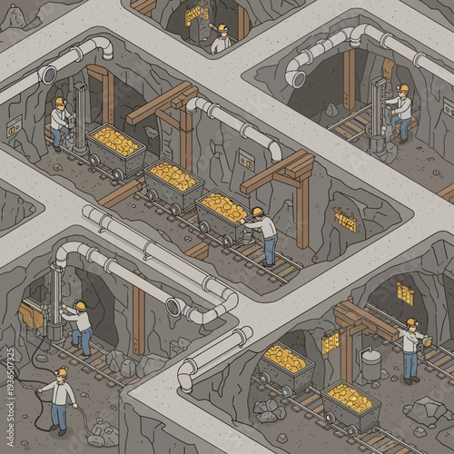 Underground Bitcoin Mining Facility with Multiple Tunnels and Workers.
