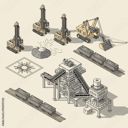 Isometric illustration of mining equipment and infrastructure.