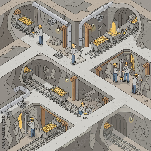 Underground mine with workers and gold ore processing.