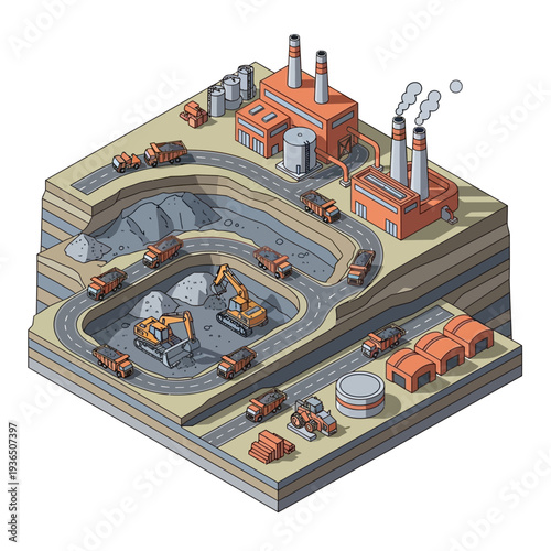 Isometric illustration of an industrial mining site with excavators and factories.