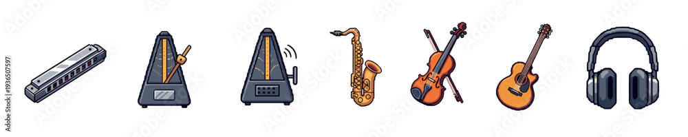 Naklejka premium Various musical instruments and accessories are displayed in a charming pixel art style, including a harmonica, metronomes, saxophone, violin, guitar, and headphones.