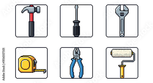 Pixel art hand tools collection for construction and repair projects, featuring a hammer, screwdriver, wrench, tape measure, pliers, and paint roller.