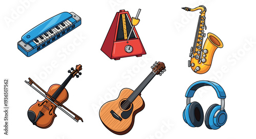 Musical instruments and accessories collection including a harmonica, metronome, saxophone, violin, guitar, and headphones in a vibrant cartoon style.