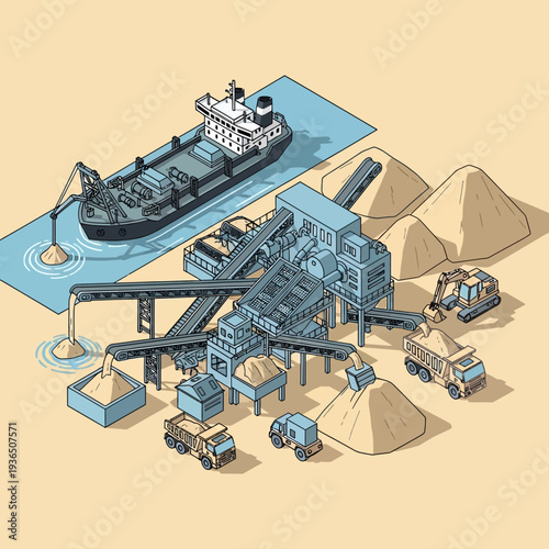 Industrial sand processing facility with cargo ship and trucks.