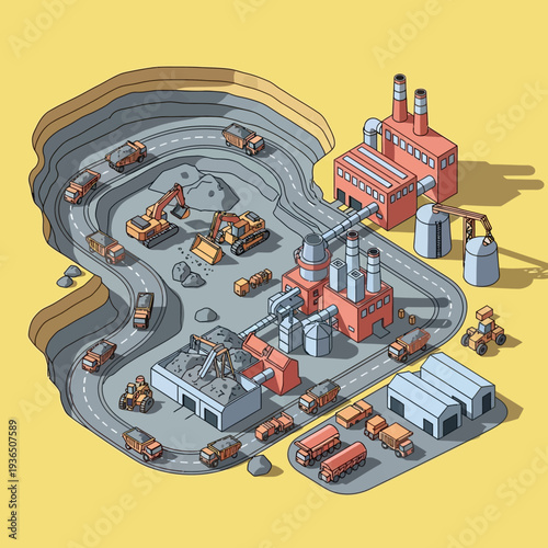 Isometric illustration of an industrial mining site with machinery and infrastructure.