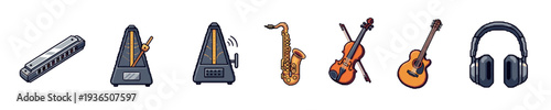 Various musical instruments and accessories are displayed in a charming pixel art style, including a harmonica, metronomes, saxophone, violin, guitar, and headphones.