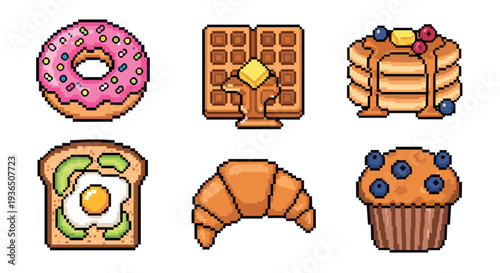 Delicious pixel art breakfast items collection features a donut, waffle, pancakes, avocado toast, croissant, and blueberry muffin.