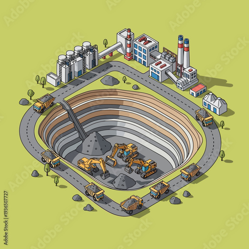 Isometric illustration of an open pit mine with heavy machinery and industrial buildings.