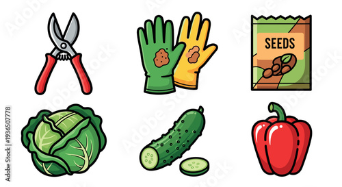 Various gardening essentials and fresh vegetables are neatly arranged in a colorful cartoon style, depicting the joy of home cultivation and healthy eating.