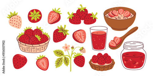 Set of red ripe strawberries whole and sliced for sticker packs organic food labels and summer garden fruit illustrations for kitchen decor and recipe blogs. Collection of strawberry food products
