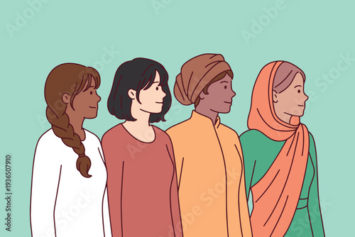 Diverse women group for International Women's Day March 8 representing global sisterhood and intersectional feminist solidarity