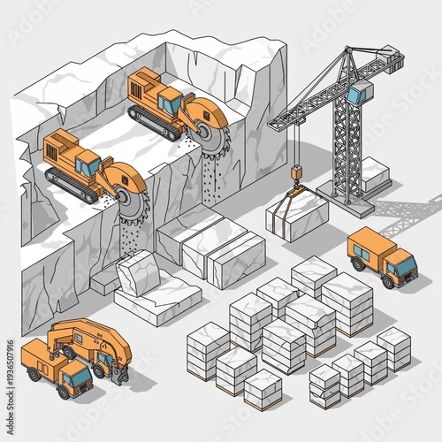 Quarry Mining Operation with Heavy Machinery and Crushed Stone.