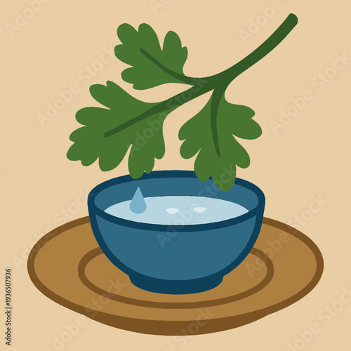 Karpas Green Vegetable (Parsley) Dipped in Salt Water Bowl on Passover Eve in Flat Vector Art