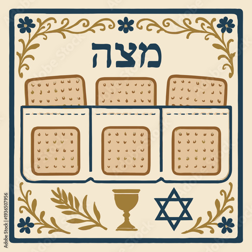 Matzah Cover with Three Sections of Unleavened Bread in Ornate Flat Vector Style