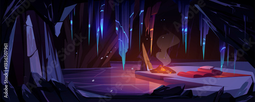 Ice cave in mountain with campfire, sleeping bag,