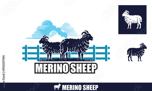 MERINO HEALTHY SHEEP FARM LOGO, silhouette of great ram standing in ranch vector illustrations