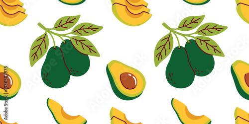 Seamless pattern featuring whole avocados and sliced pieces for healthy food branding organic cosmetic packaging and digital stationery.	
