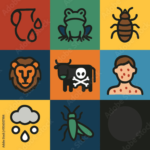 Ten Plagues of Egypt Icons Set in Grid Layout for Passover Seder in Flat Vector Style