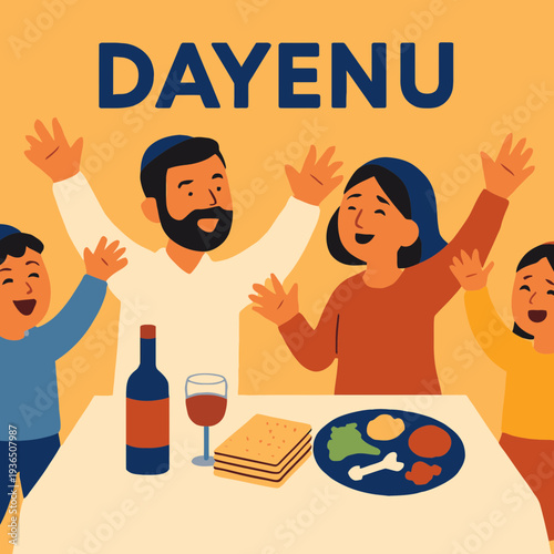 Dayenu Song Celebration Scene with Dancing Family During Passover Seder in Flat Vector Art
