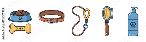 Pet supplies and accessories for dogs, including a food bowl, chew bone, collar, leash, brush, and shampoo bottle, presented as a colorful cartoon illustration.