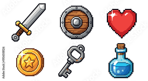 Pixel art video game assets collection featuring classic fantasy elements like a sword, shield, heart, coin, key, and potion for retro gaming design.