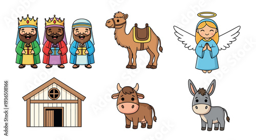 Christmas Nativity story cartoon characters and elements including wise men, angel, camel, stable, cow, and donkey for holiday designs.