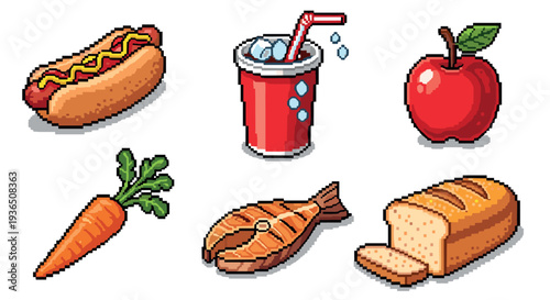 Various pixel art food and drink items including a hot dog, soda, apple, carrot, salmon, and bread, presented in a retro 8-bit video game style.