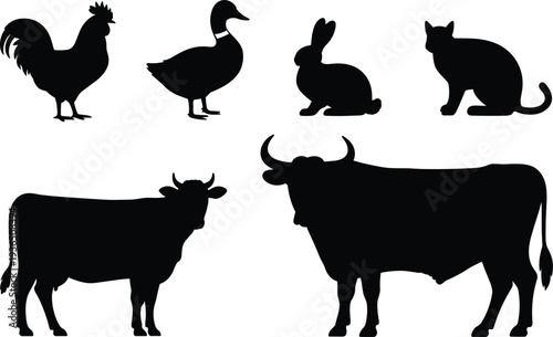 Diverse black and white livestock silhouettes featuring a bull cow and poultry for organic farmhouse branding and country life illustrations