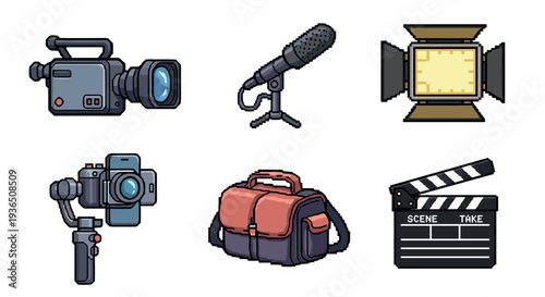 Video production equipment pixel art icons set represents filmmaking tools and accessories for digital media creation, broadcasting, and content development.