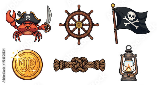 Pirate themed cartoon elements collection featuring various nautical adventure items like a crab, ship wheel, flag, coin, rope, and lantern.