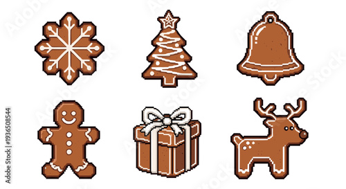 Gingerbread cookies in pixel art style depict various festive Christmas shapes including a snowflake, tree, bell, man, gift, and reindeer.