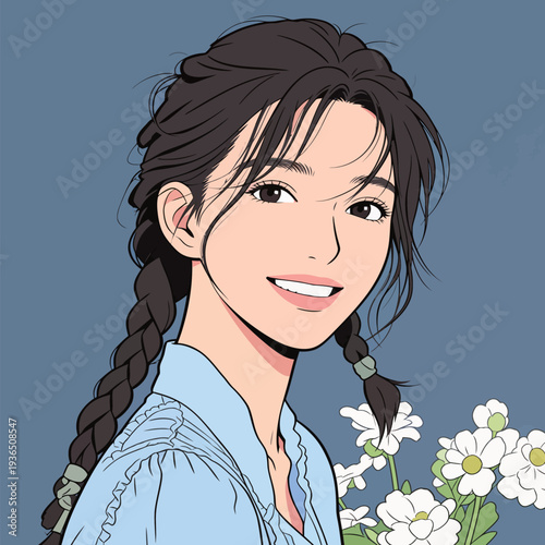 A young woman with braided hair smiles brightly while standing beside flowers against a blue background during a casual moment.