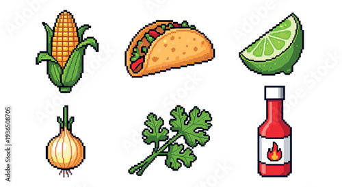 Pixel art collection of various Mexican food items including a taco, corn, lime, onion, cilantro, and hot sauce, perfect for retro game design or digital menus.
