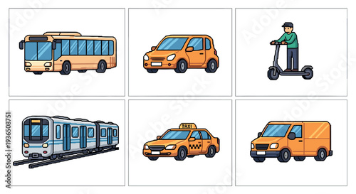Various pixel art transportation vehicles and modes of travel are depicted in a charming retro style, showcasing urban mobility options.