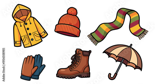 Autumn and winter clothing accessories collection for cold weather, including a raincoat, knitted hat, scarf, gloves, boot, and umbrella in a charming cartoon style.
