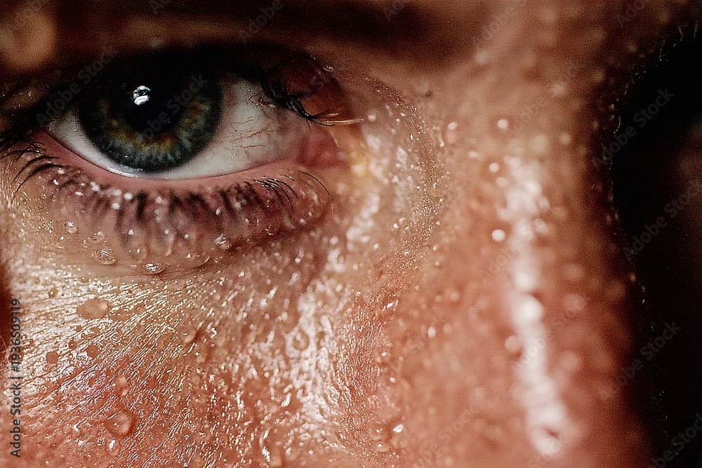 Fototapeta premium A crying person during a breakthrough moment, subtle tears, realistic skin puffiness, messy environment, raw and powerful