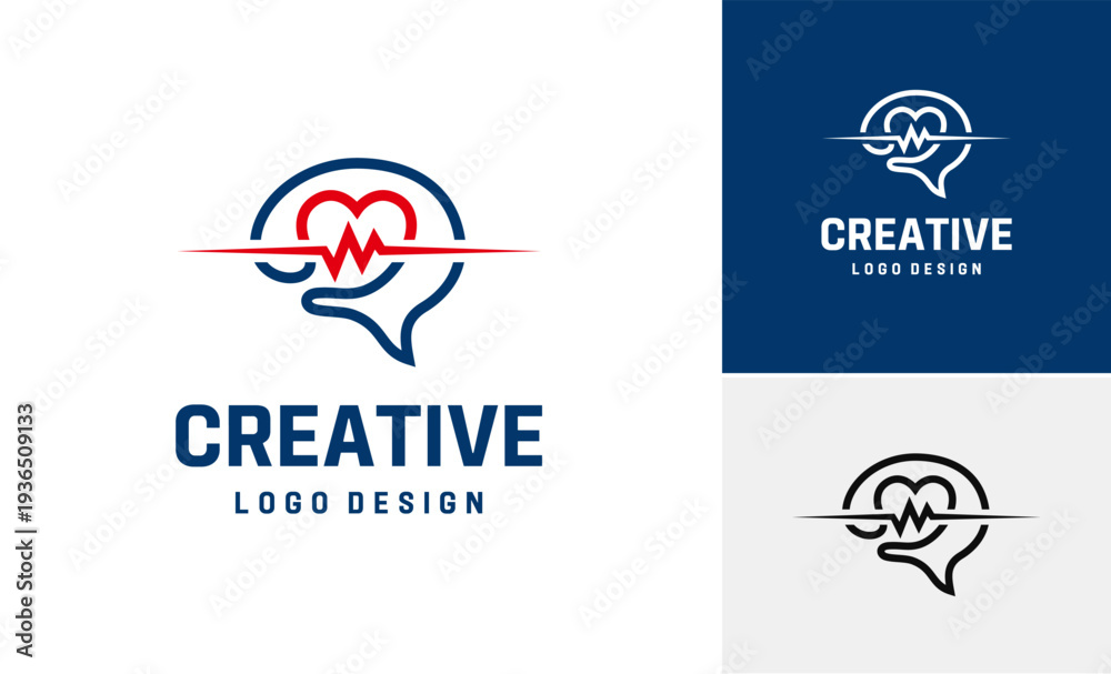 Naklejka premium Brain heartbeat genius science minimalist symbol logo design, Creative organ vital pulse wellness vector design
