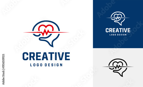 Brain heartbeat genius science minimalist symbol logo design, Creative organ vital pulse wellness vector design