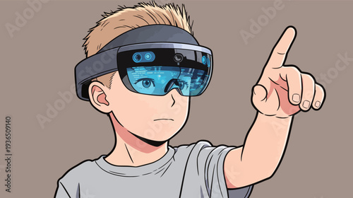 A child engages with virtual reality glasses, pointing at a digital display with interest and curiosity.