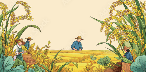 Farmers work in a rice field, gathering their harvest while sunlight shines down on the golden crop and green plants.